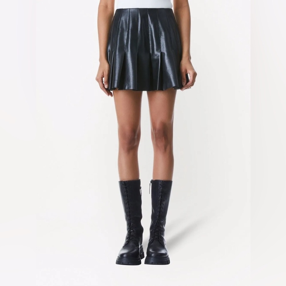 Alice + Olivia Black Leather Pleated Miniskirt